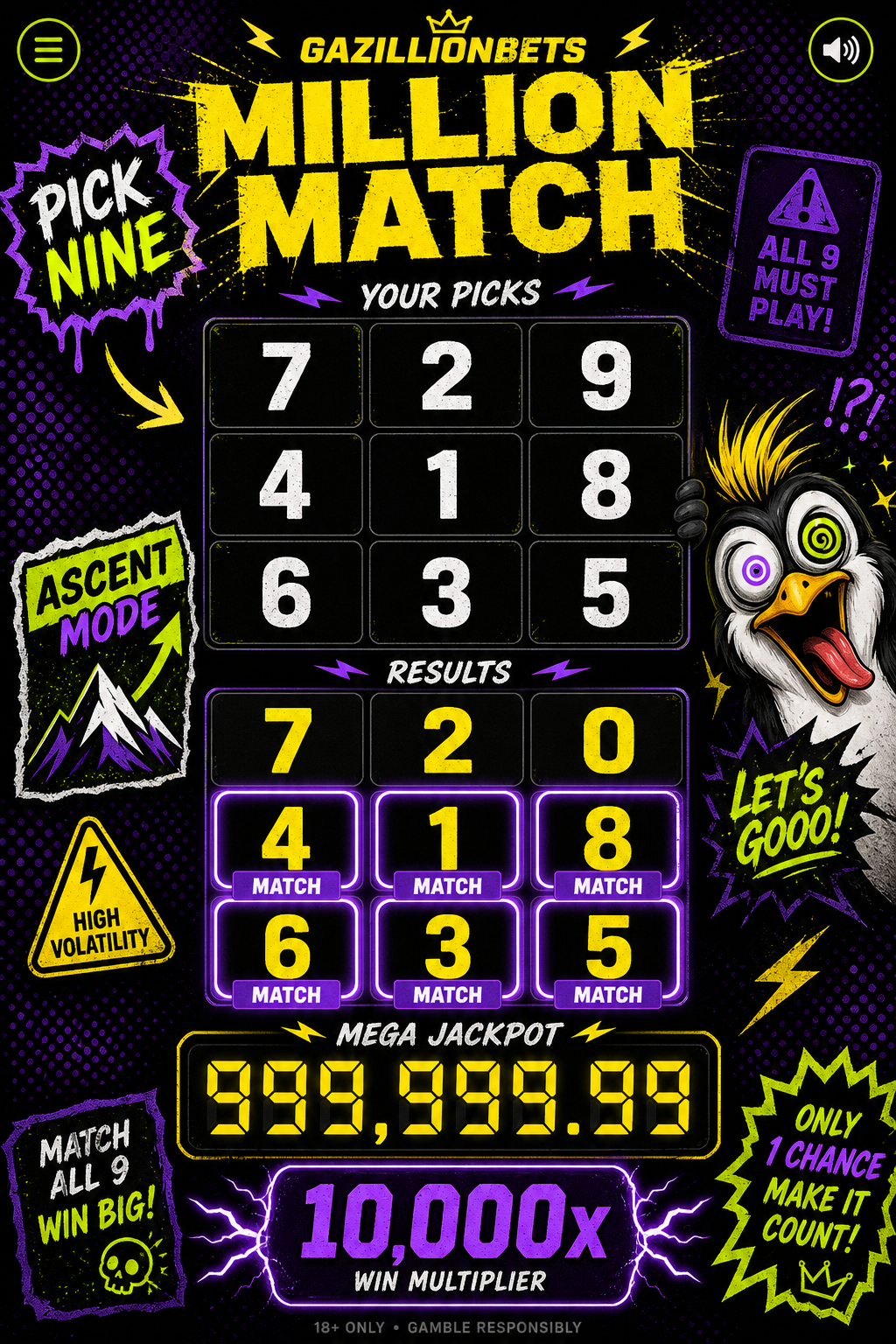 Million Match concept mockup: a 3-by-3 grid of player-picked digits above a results grid, with exact-position matches highlighted in lime.
